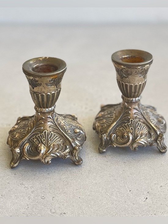 Vintage Other - Set of 2 Silver Tone Metal Ornate Candle Holders Victorian Style Scroll Alter